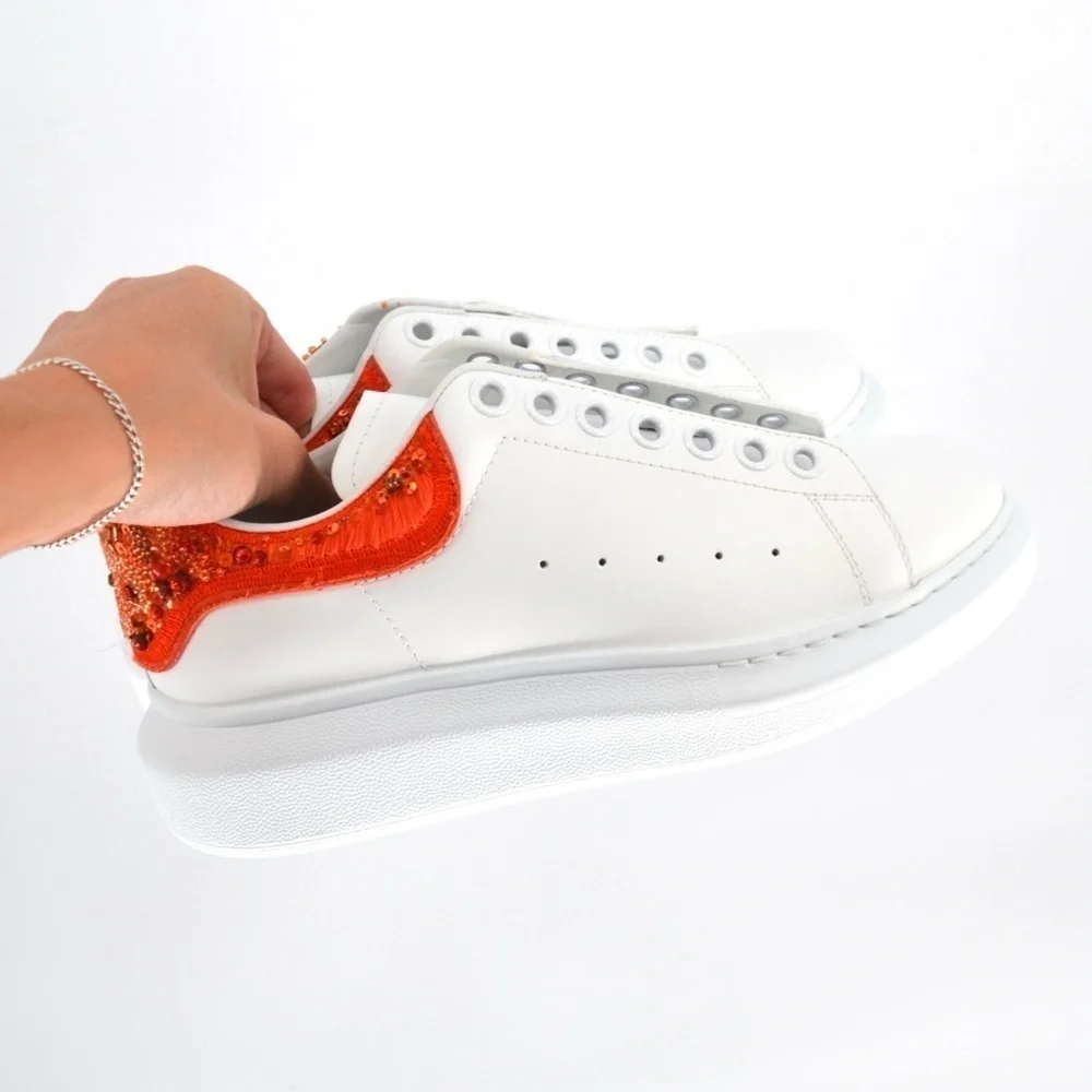NEW Alexander Mcqueen Oversized Sneakers Sequin Beads White Red Leather Size 37
